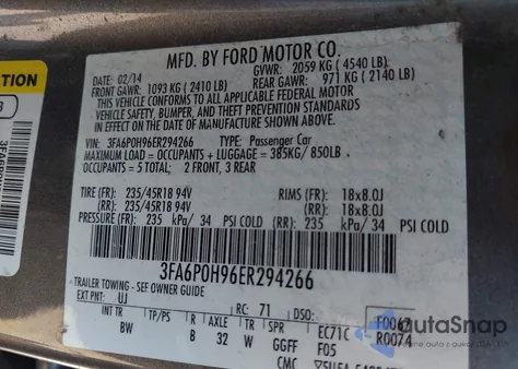 2014 Ford Fusion Se from USA, damaged, VIN 3FA6P0H96ER294266